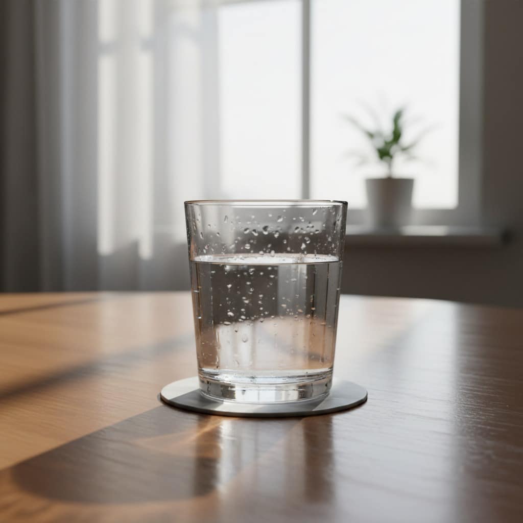 A glass of water with condensation sits on a coaster on a wooden table in front of a window.
